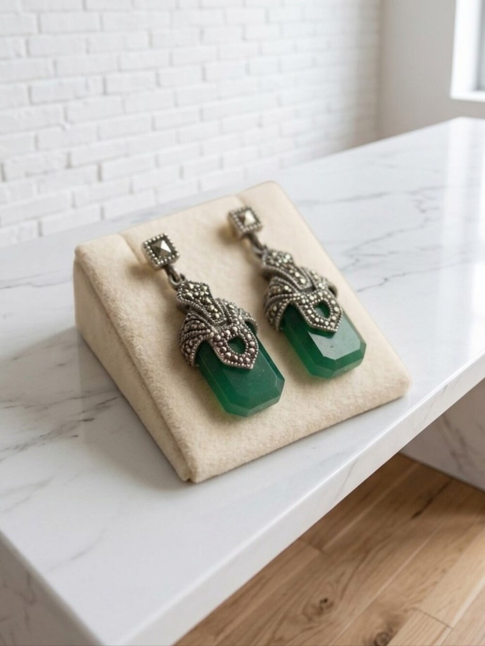 Green Agate Drop Earrings with Marcasite Accents Antique .925